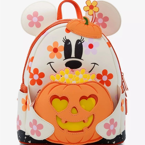 Loungefly Disney Minnie Floral Pumpkin Light-Up Glow-In-The-Dark Backpack SET - Picture 2 of 11